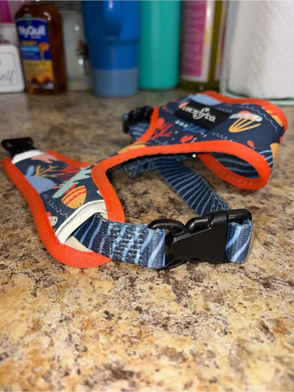 Reversible Ocean-Print Dog Harness with Navy stripes with Orange Trim